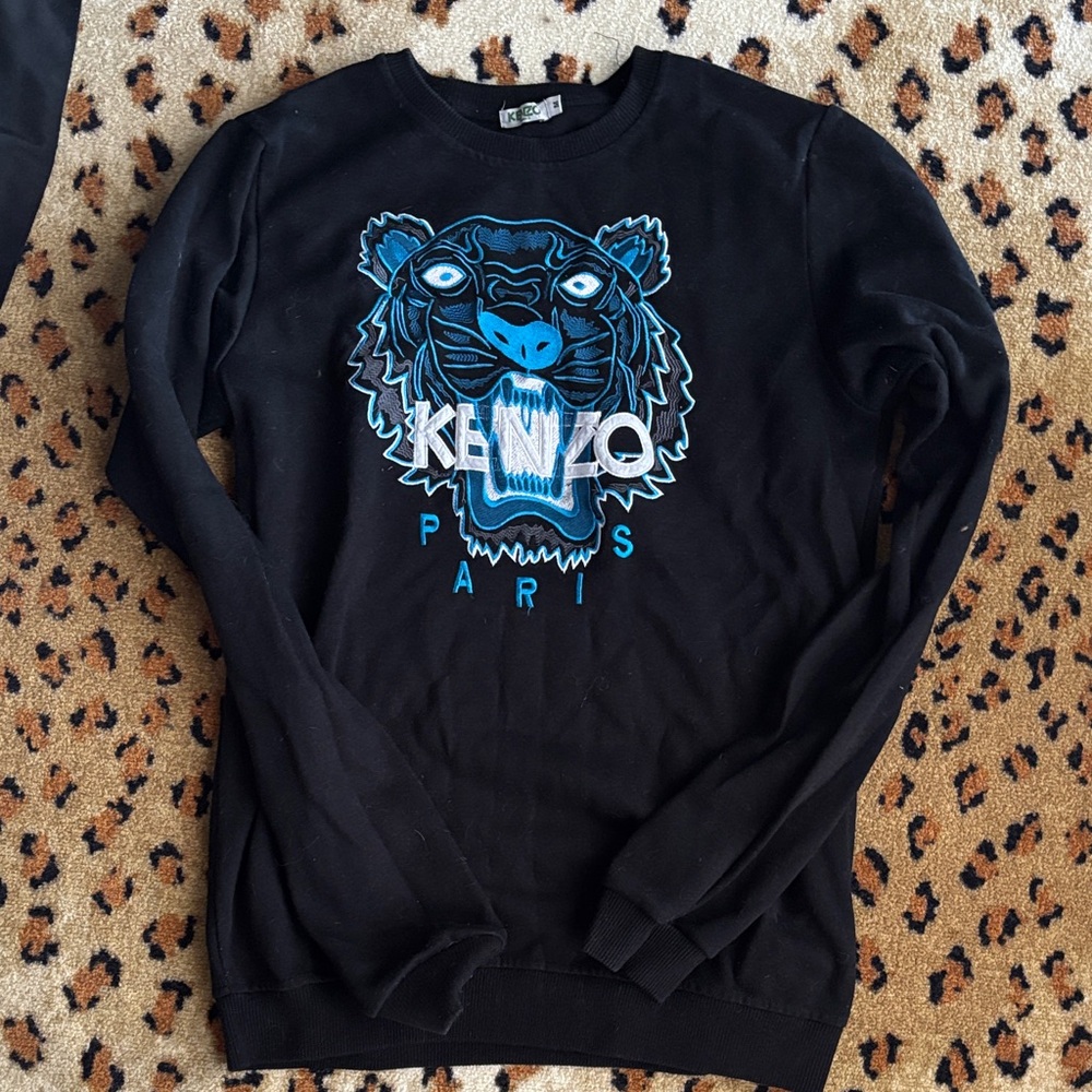 Kenzo Black Crewneck Sweater with Blue Tiger Motif